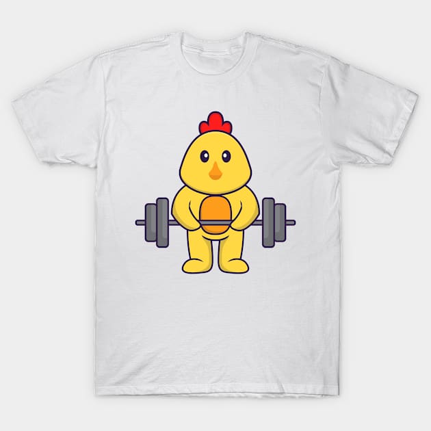 Cute chicken lifts the barbell. T-Shirt by kolega